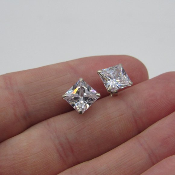Sterling Square Cubic Zirconia Diamond Earrings - Picture 2 of 6